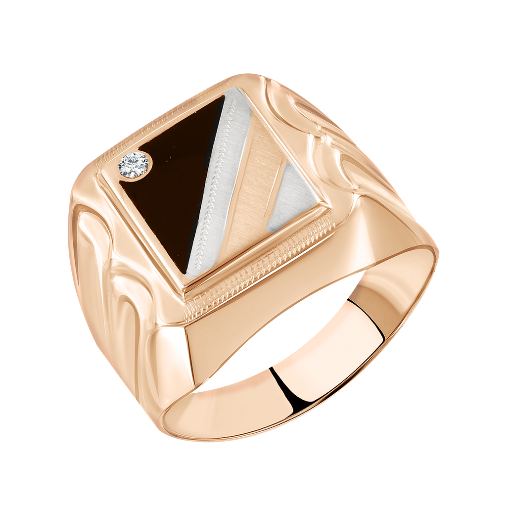 Ausdrucksstarker Herrenring, Rotgold 585, rhodinierter, mit 1 Zirkonia und schwarzer Emaille