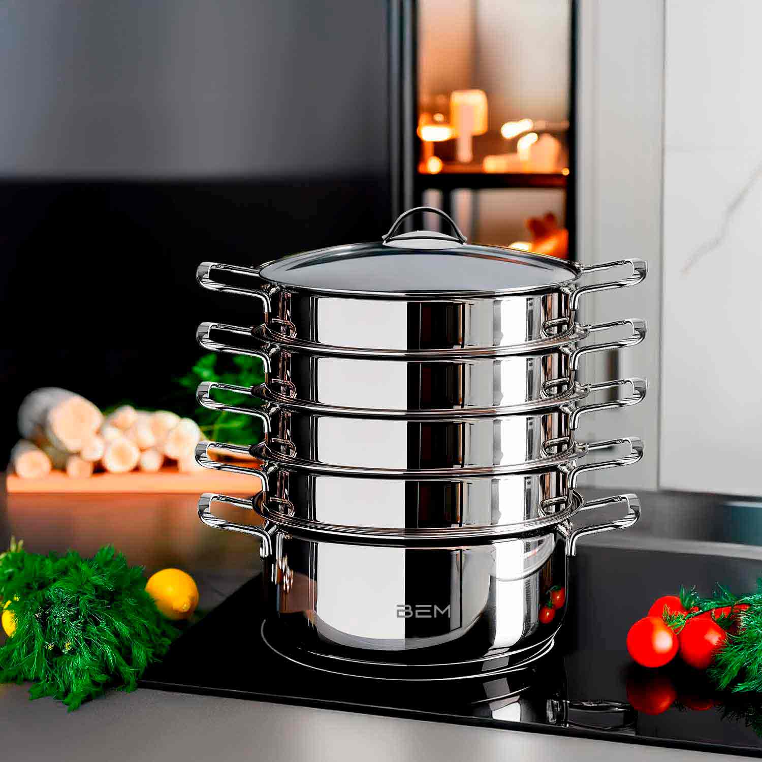 BEM Dampfkocher aus Edelstahl 18/10 mit Glasdeckel, 6-tlg., 26 cm