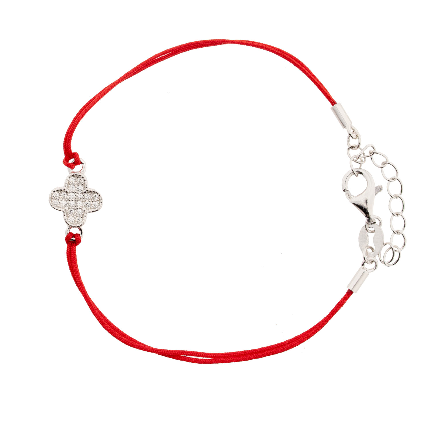 Rotes Fadenarmband mit vierblättrigem Kleeblatt aus 925 Silber und Zirkonia