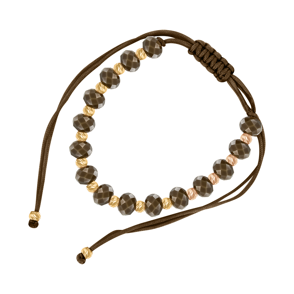 Armband "Brauner Faden" mit Gelbgold 585, brauner Schnur, mit braunem synthetisches Glas – Durchmesser ca. 6 mm, Durchmesser einer Gelbperle ca. 3 mm, Einstellbare Länge ca. 16–24 cm