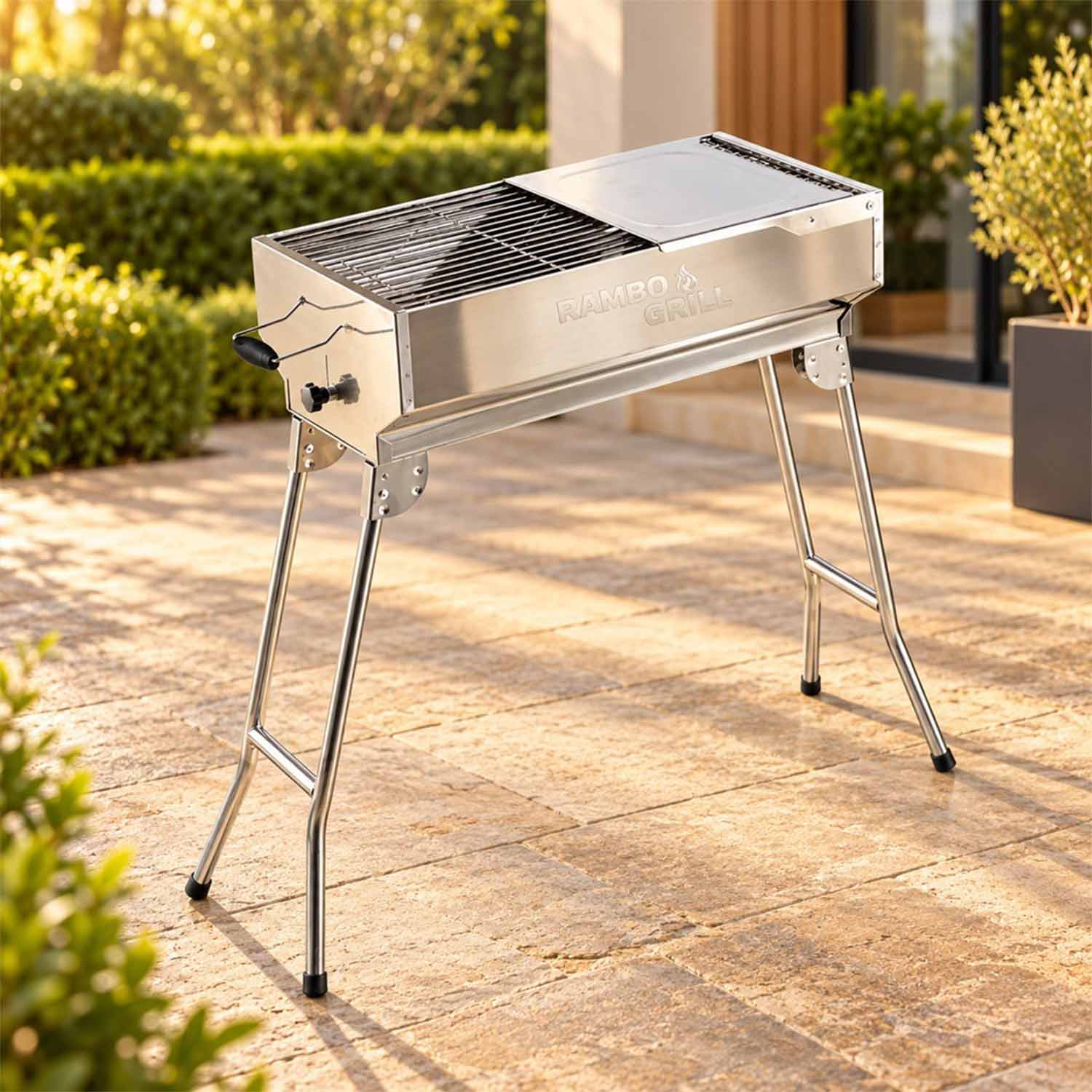 Rambo Grill Set – Edelstahl-Mangal mit Grillaufsatz für 11 automatisch drehende Spieße