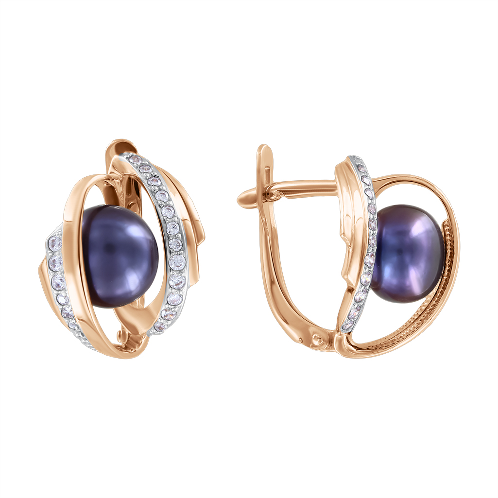 Elegante Damenohrringe aus Rotgold 585 mit dunkler Perle und Zirkonia