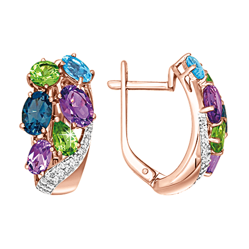 Verspielter Ohrhänger, Rotgold 585, mit Zirkonia, Amethyst, Topas London Blue, Topas, Chrysolith, Höhe ca. 20 mm, Gewicht ca. 4,7 g.