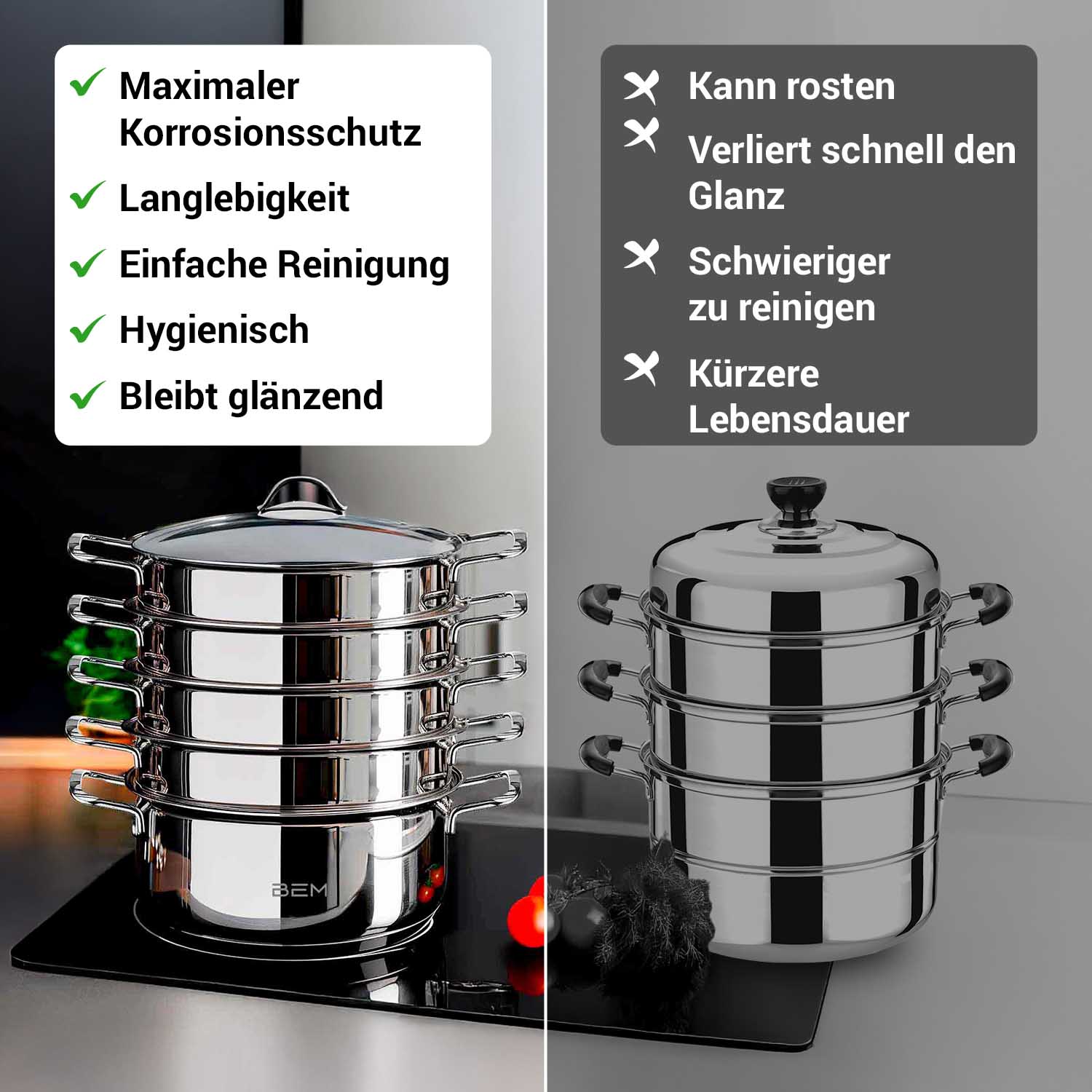 BEM Dampfkocher aus Edelstahl 18/10 mit Glasdeckel, 6-tlg., 26 cm