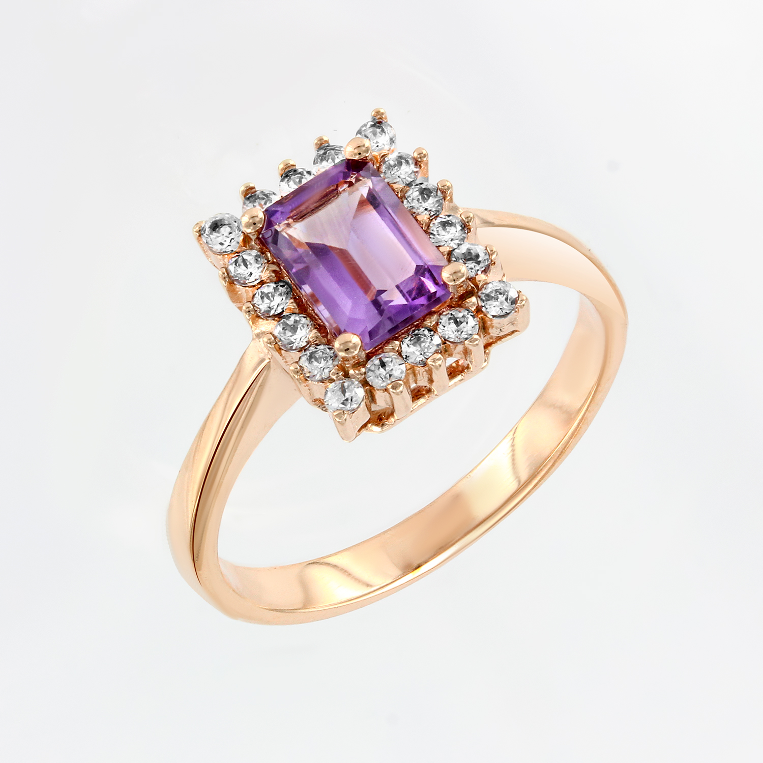 Damenring, Russischess Rotgold 585, mit Amethyst - Größe des Steins ca. 6x5 mm und Zirkonia, Gewicht des Schmuckstücks: ca. 3,59 gr.