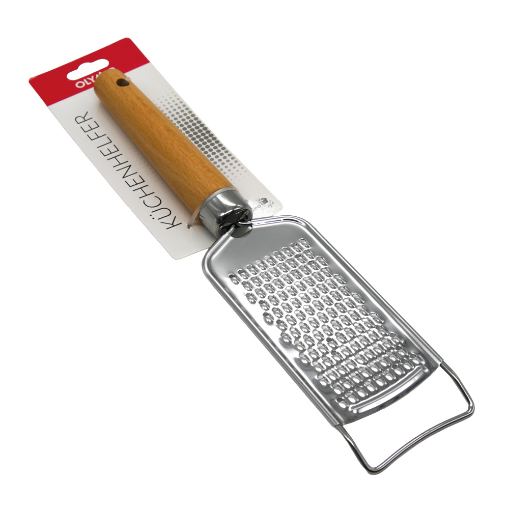 Handreibe aus Edelstahl mit Holzgriff, einseitig, fein, 26 cm