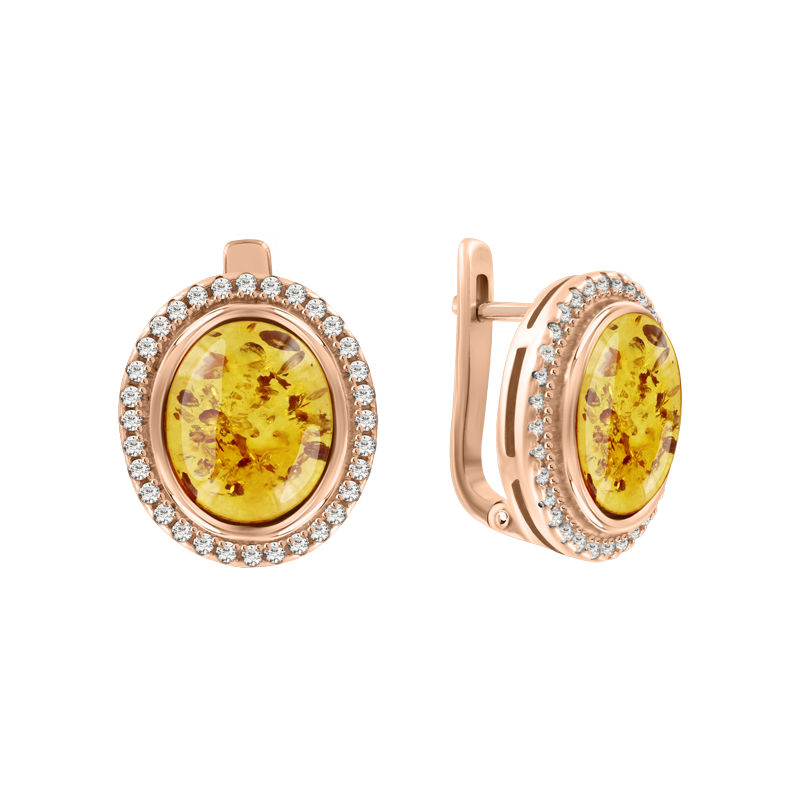 Elegante Ohrringe aus Silber 925, vergoldet, mit Bernstein - Größe ca. 11x9 mm und 64 Zirkonia, Höhe ca. 15 mm