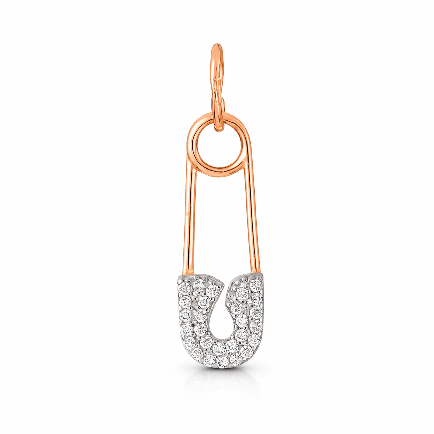 Anhänger aus 585 Rotgold in Sicherheitsnadel-Design mit Zirkonia, ca. 25 mm