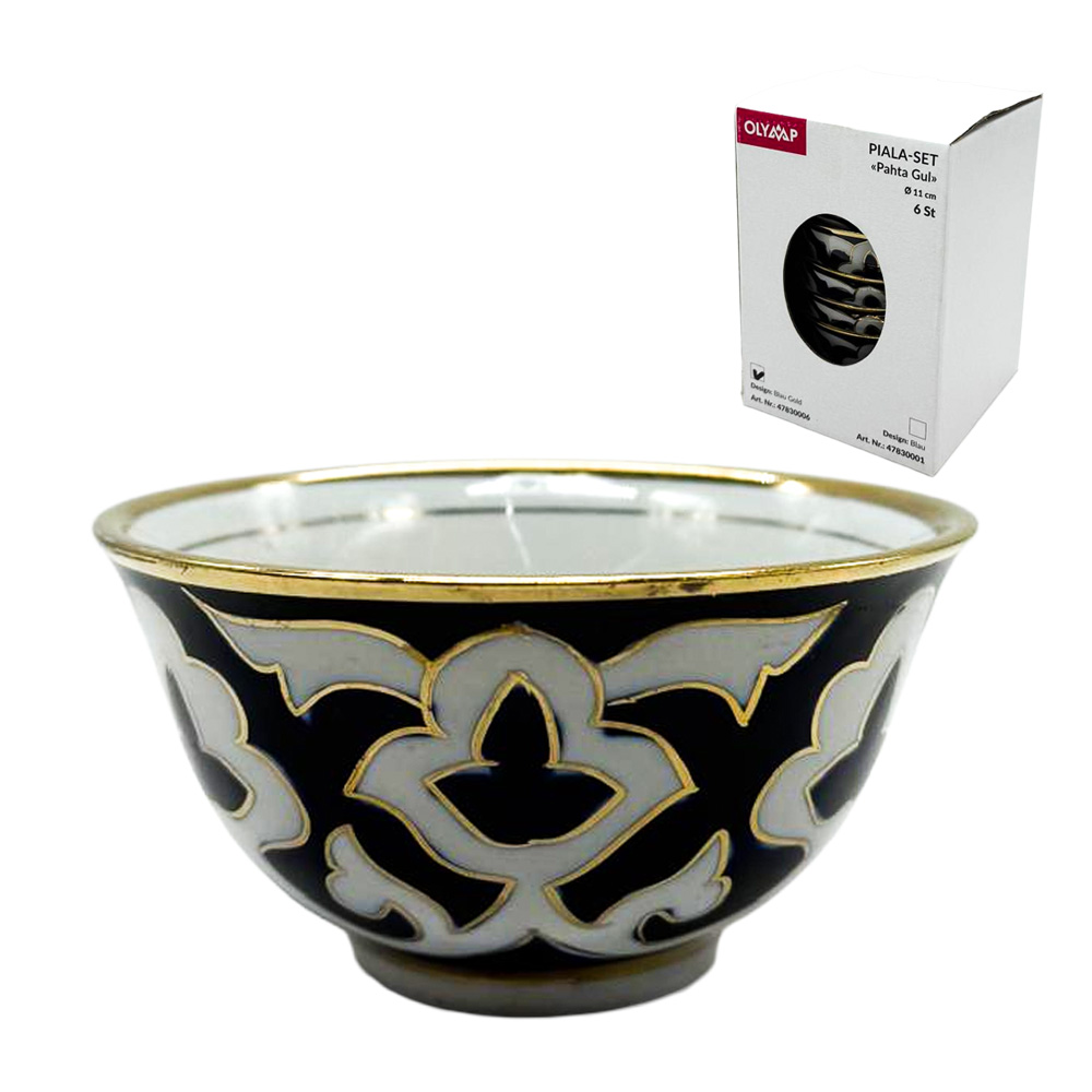 Piala-Set Pahta Gul, weiß-blau-gold, Usbekistan, Ø 11 cm, 6 St.