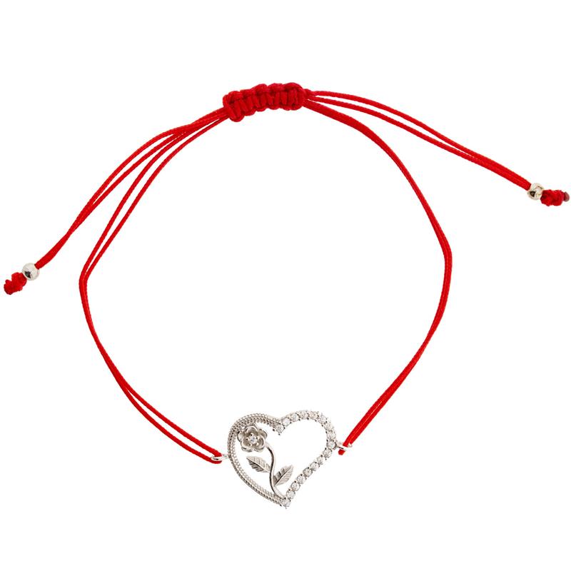 Fadenarmband mit Herz-Anhänger aus 925 Silber, verziert mit einer Blume mit Zirkonia