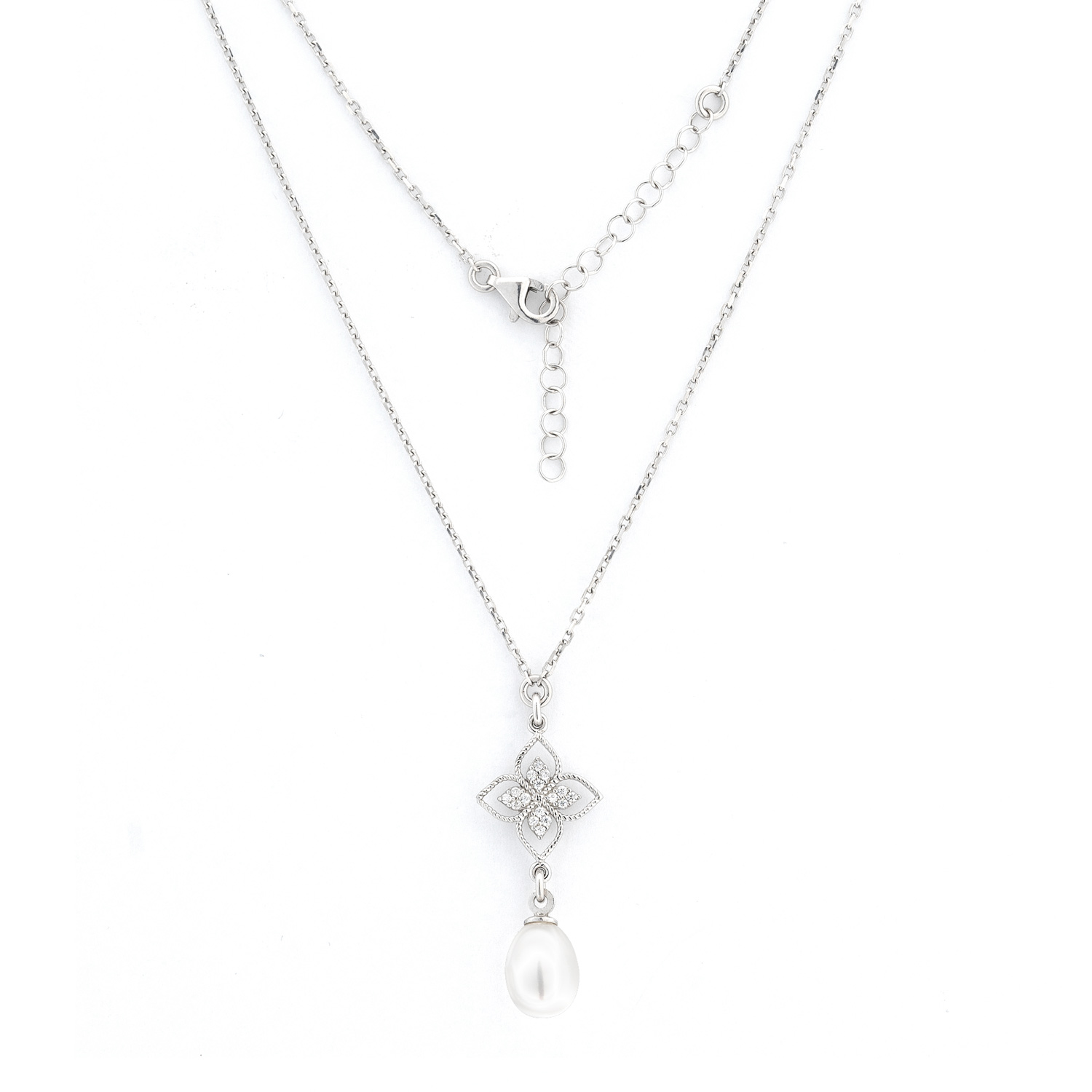 Collier mit einem Blütenmotiv und Perlenanhänger aus 925 Silber