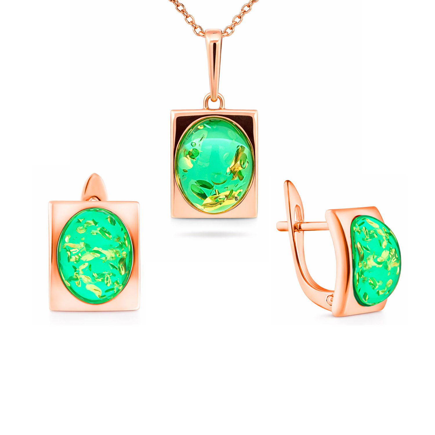 Vergoldetes Schmuckset aus 925 Silber mit ovalem Bernstein im Quadrat