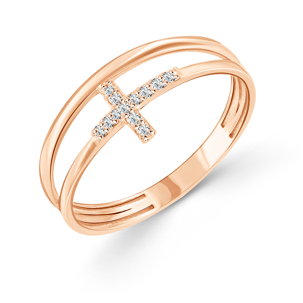 Anmutiger Damenring mit Kreuz, Russisches Rotgold 585, mit 11 Zirkonia