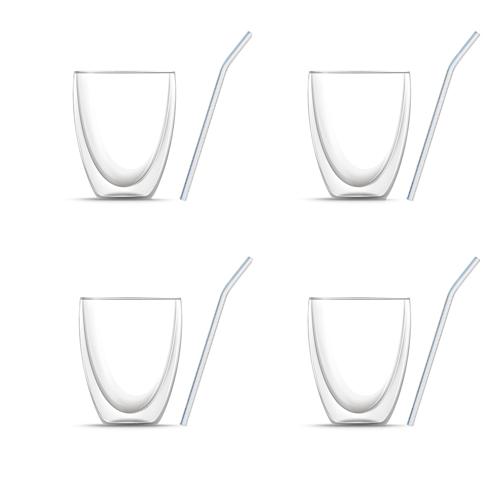 8-er Set: Vier Doppelwandige Cappuccino Gläser (je 330 ml) & vier Glasstrohhalme