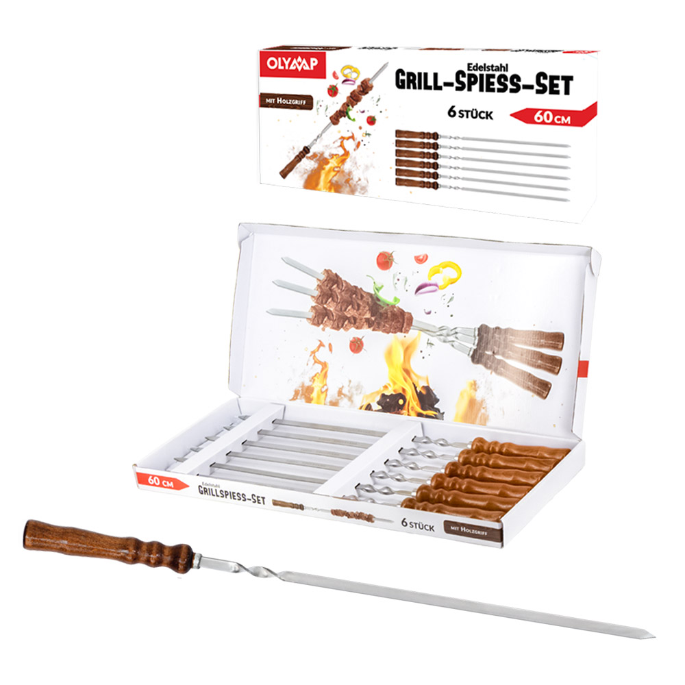 Grill-Spiess-Set mit Holzgriff – 6er Set, 60 × 1,5 cm, Edelstahl (2 mm Stärke)