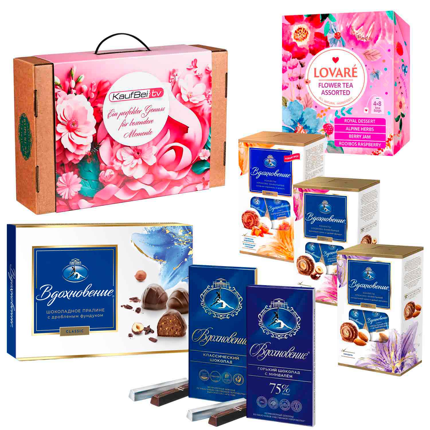 Geschenkbox "Süßer Luxus": Vdohnovenije Pralinen, Schokolade, Sefir & Lovaré Blumentee