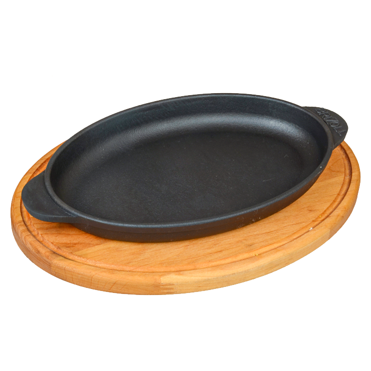 BriZoll HORECA Gusseisen Servierpfanne Oval mit Holzablage, 22 x 14 cm
