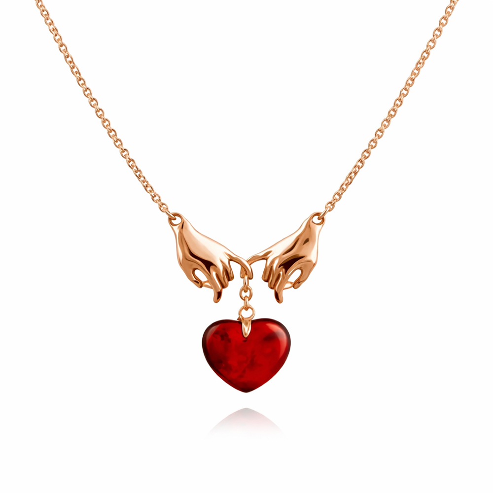 Elegantes Collier aus 925 Silber mit Händen und Bernstein-Herzanhänger