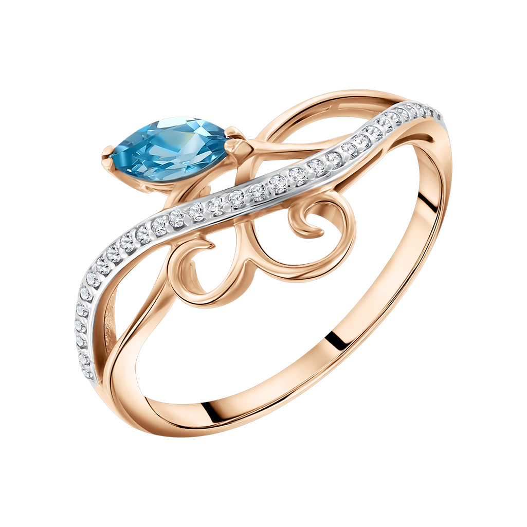 Charmanter Damenring, Russisches Rotgold 585, mit blauem Topas - Größe ca. 6х3 mm und Zirkonia