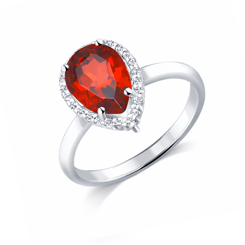 Schöner Damenring aus 925er Silber mit Granat (Größe ca. 10x7 mm) und 24 Zirkonia