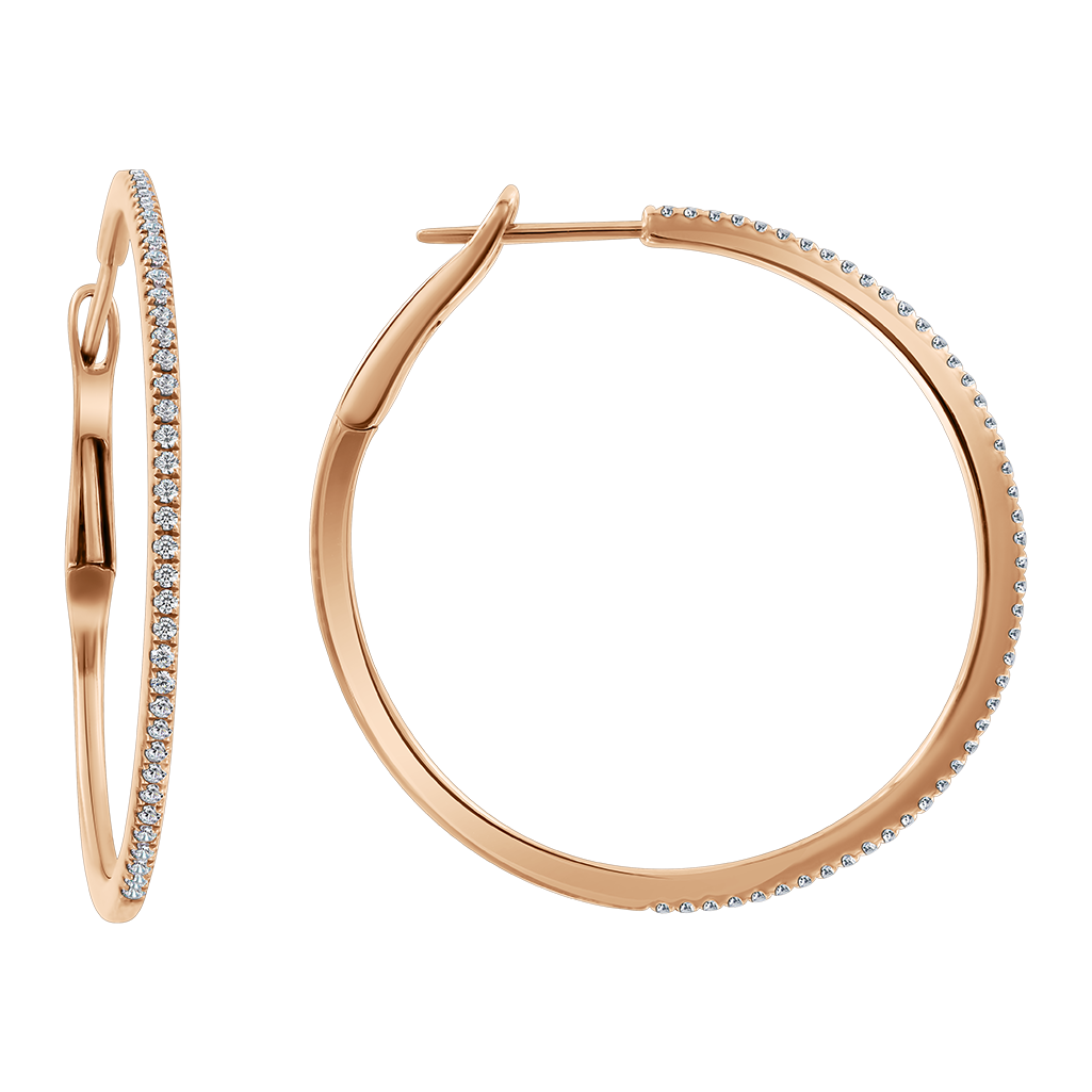 Elegante Creolen für Damen aus Rotgold 585 mit Zirkonia, schlanke Form, Höhe 35 mm