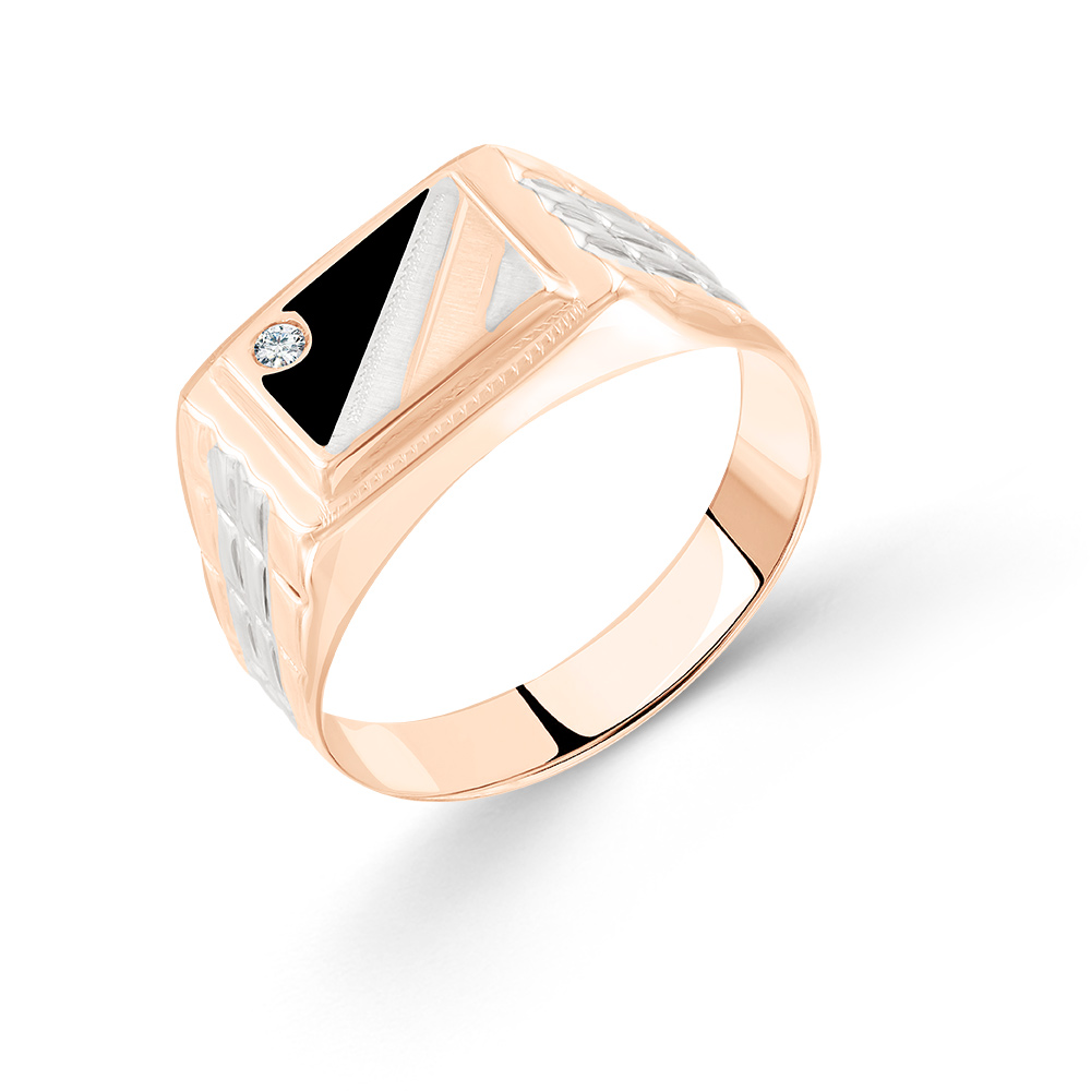 Ausdrucksstarker Herrenring, Rotgold 585, rhodinierter, mit 1 Zirkonia und schwarzer Emaille, Größe des oberen Pads ca. 10x14 mm