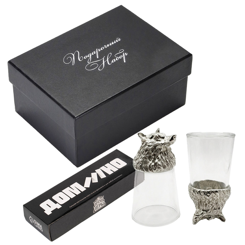 Geschenkset 3-in-1 „Silberner Wolf“ – 2 Schnapsgläser 30 ml + Domino