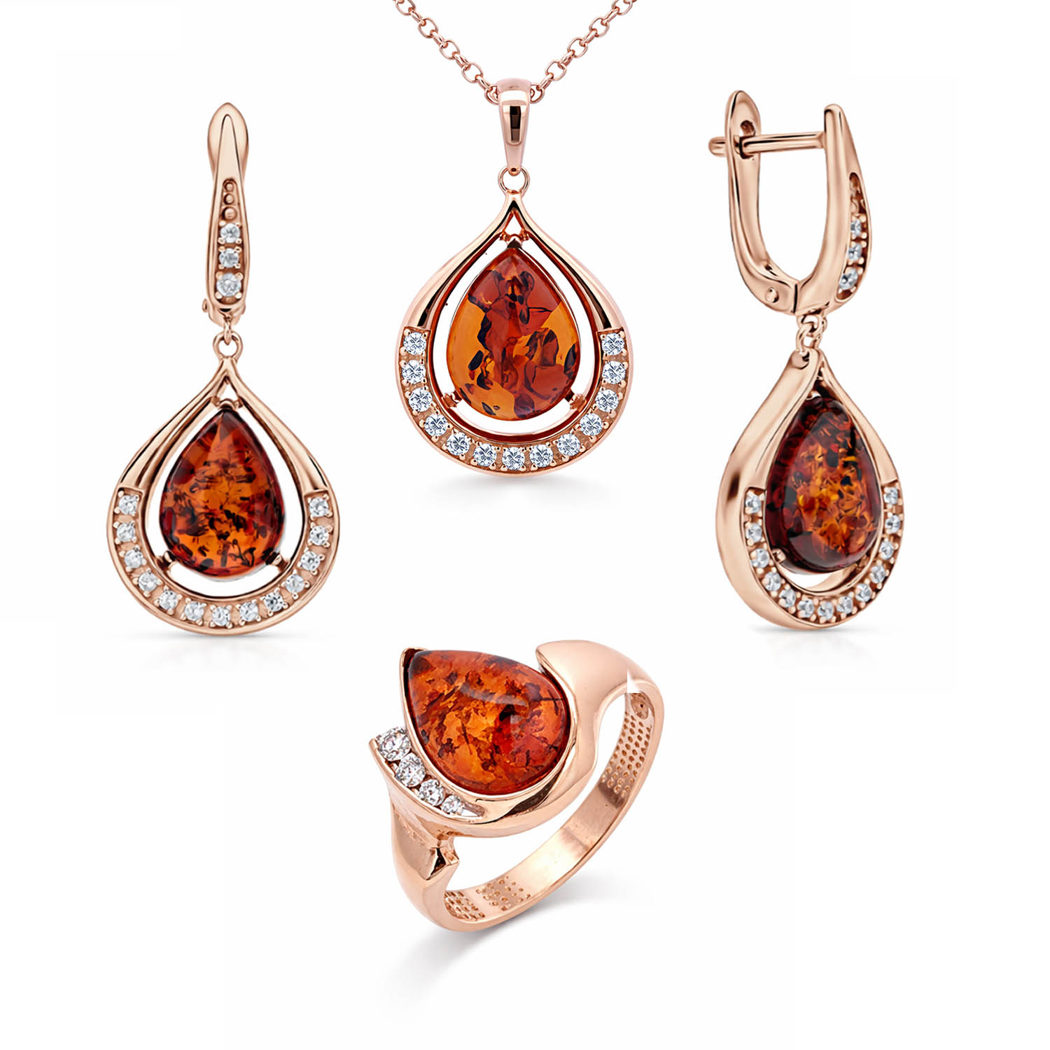 Schmuck-Set aus 925 Silber mit Bernstein: Ohrhänger + Anhänger + Damenring