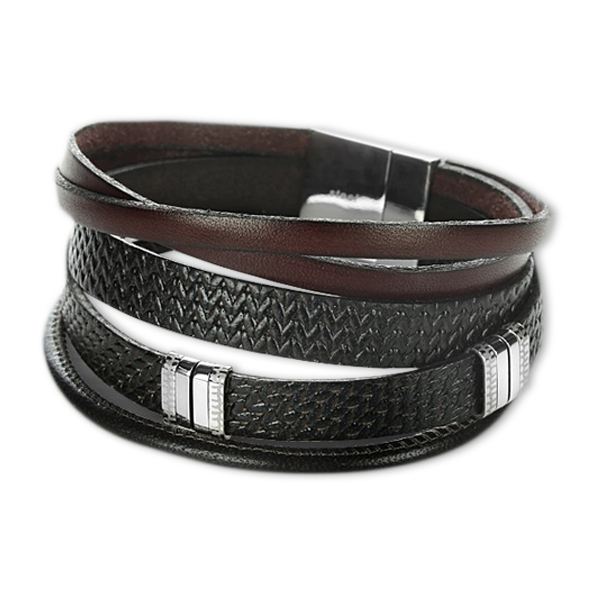 Armband aus schwarzem und braunem Nappaleder in 5 Reihen, mit Edelstahl-Metalleinsätzen, Magnetverschluss, Länge ca. 21 cm.