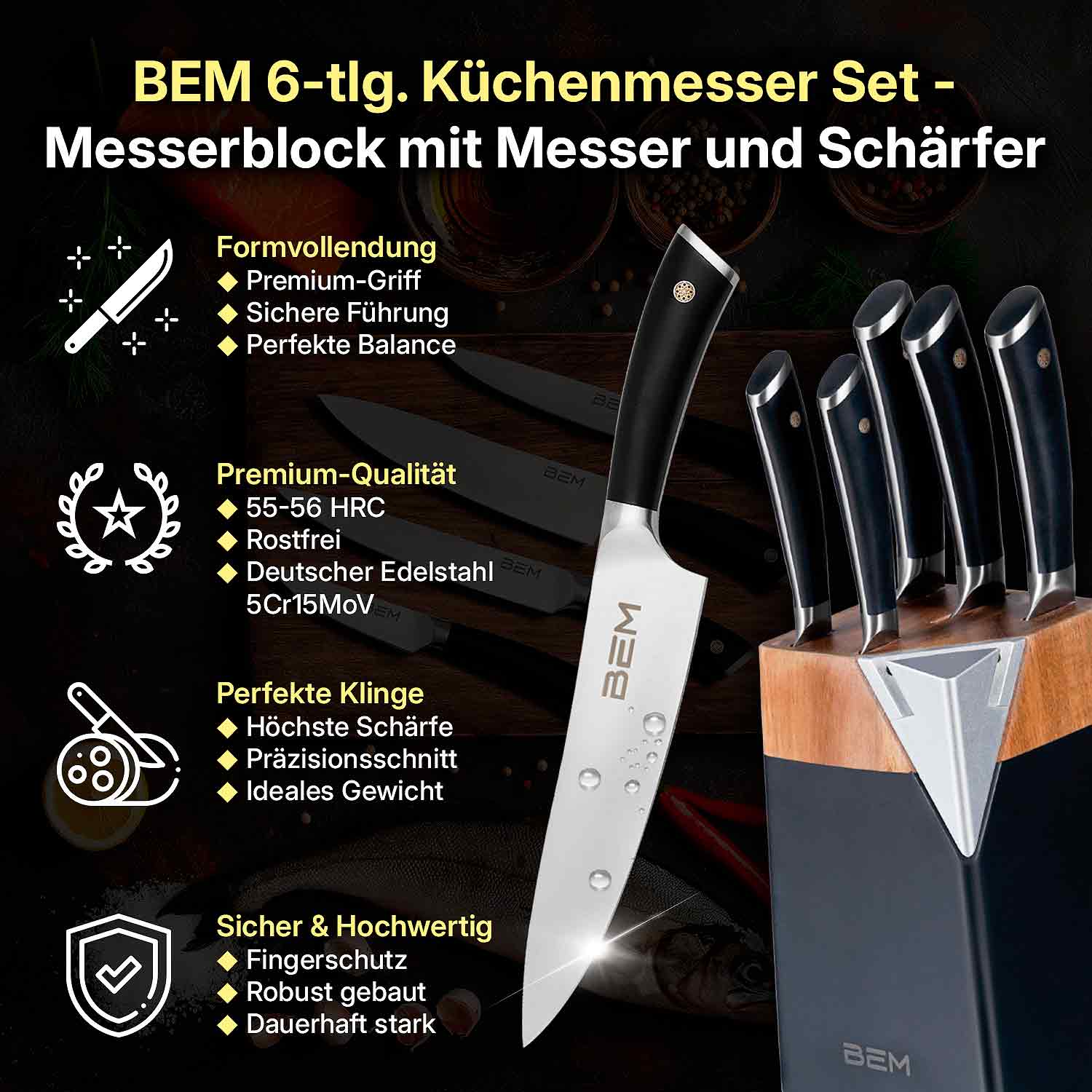BEM Master Chef - Messer-Set 6-tlg. aus Edelstahl mit Messerblock und integriertem Schärfer