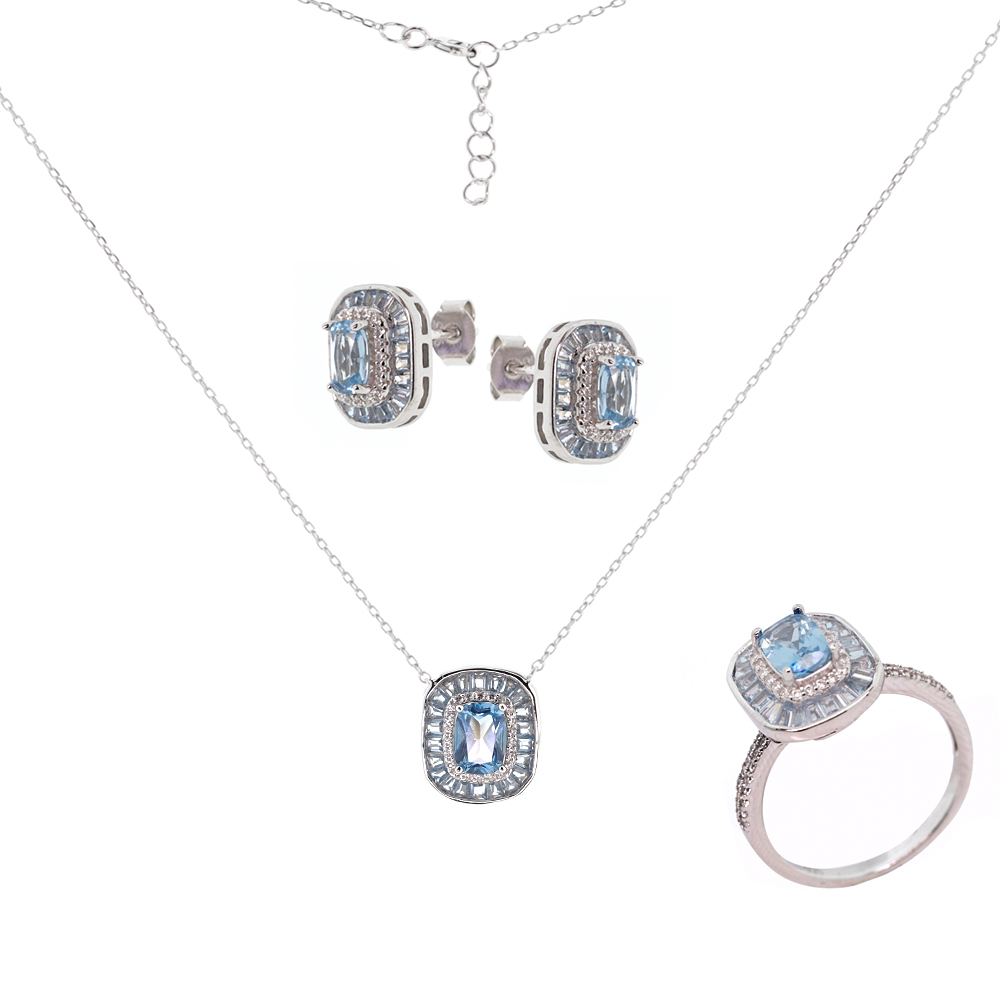 Schmuckset aus 925 Silber mit Zirkonia: Ohrstecker +Kette mit Anhänger +Ring
