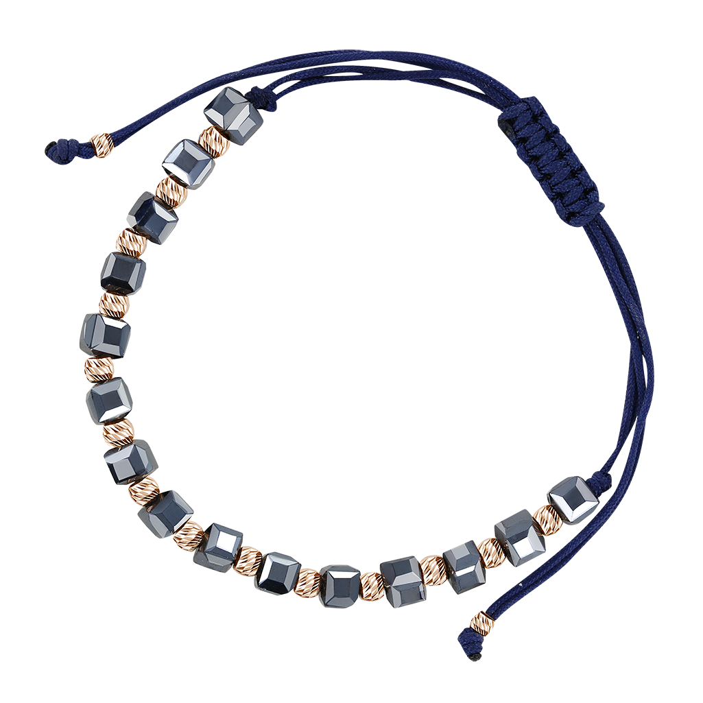 Armband "Blauer Faden" mit Rotgold 585, blaue Schnur, mit dunkelblauen Keramikperlen - Größen ca. 4x4 mm, Durchmesser einer Goldperle ca. 3 mm, Einstellbare Länge ca. 16-24 cm