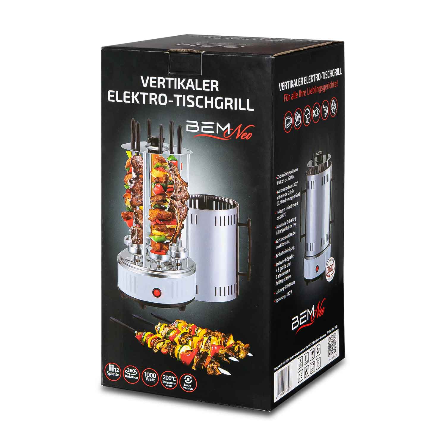 BEM Neo Tischgrill, Schaschlikgrill als Standgrill und Elektrogrill inkl. 12 Spieße