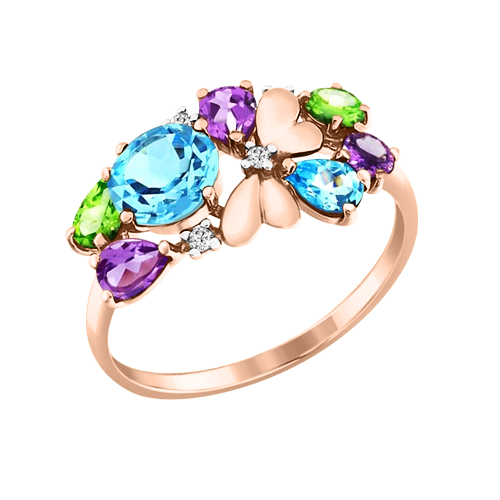 Auffallender Damenring aus 585er Rotgold mit Topas, Chrysolith, Amethyst und Zirkonia