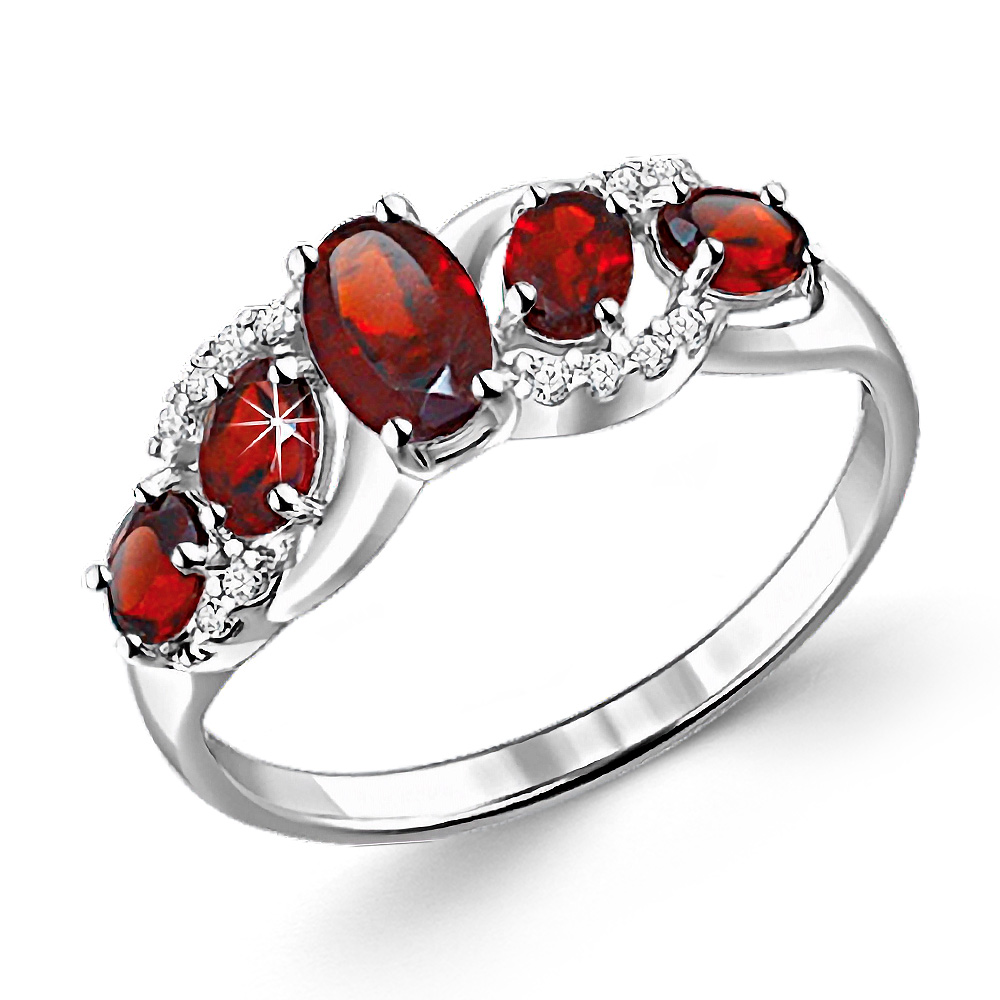 Schöner Damenring aus 925 Silbe mit Granaten und Zirkonia, Frontbreite ca. 7 mm