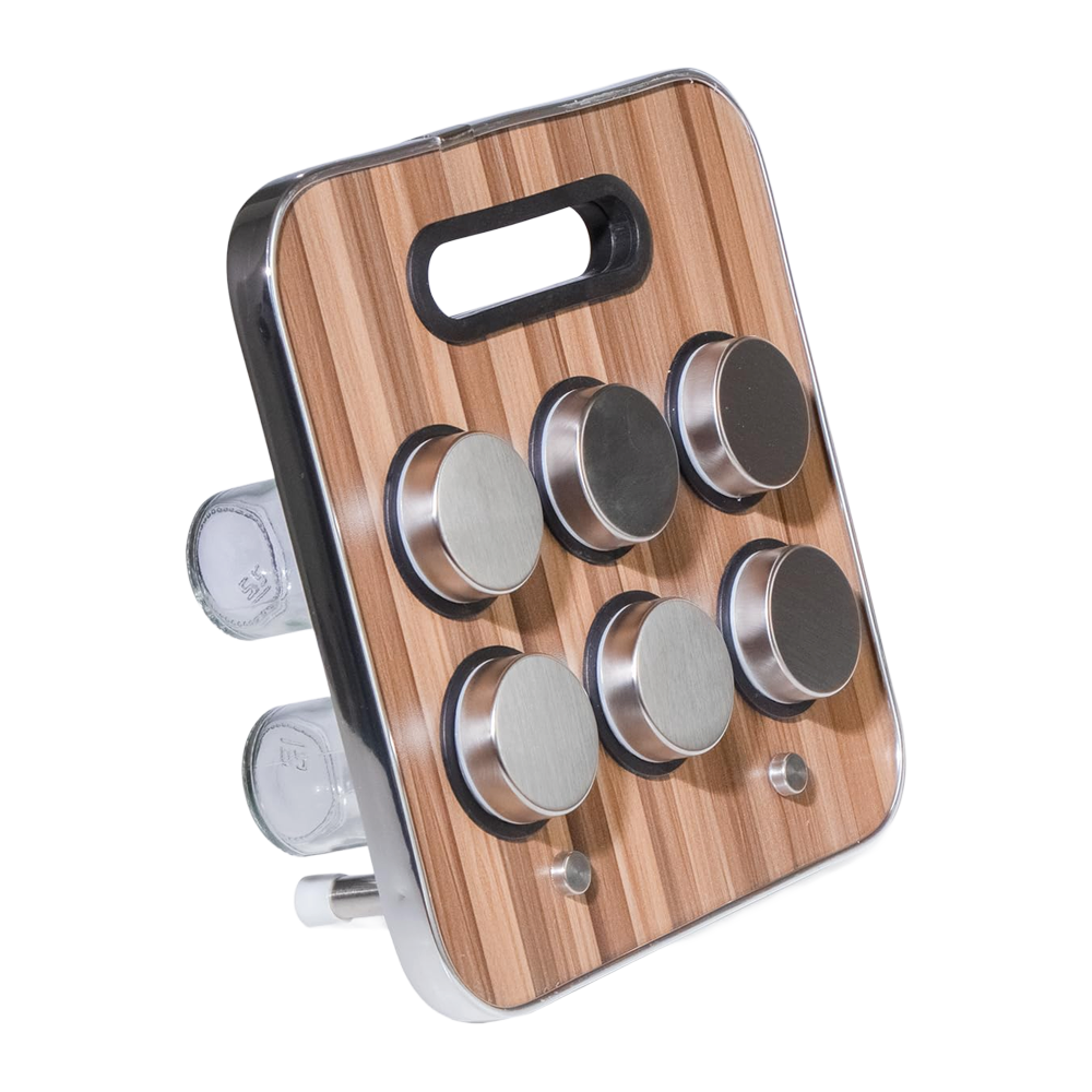 Gewürzständer mit 6 Gewürzdosen aus Glas und Edelstahl, Halter in Holzoptik
