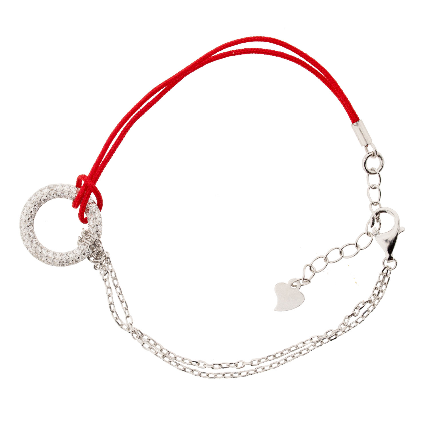 Rotes Fadenarmband mit Ring, Zirkonia-Steinen und Silberkette