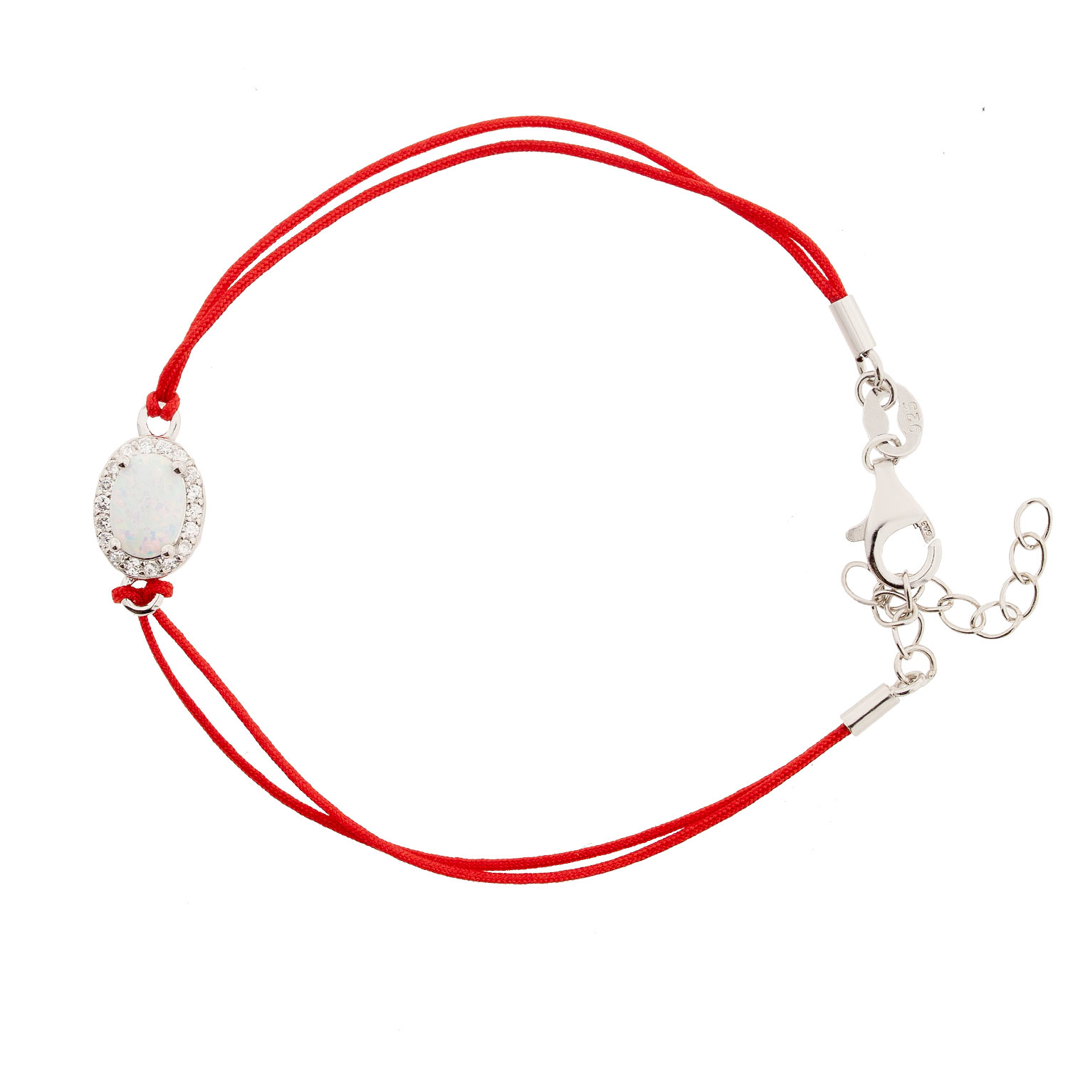 Rotes Fadenarmband mit weißem Opal und Zirkonia in 925 Silber