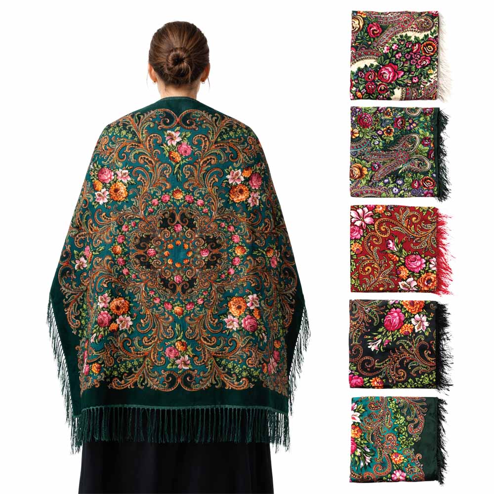 Fransentuch Blumen aus 80 % Wolle und 20 % Viskose, 110×110 cm