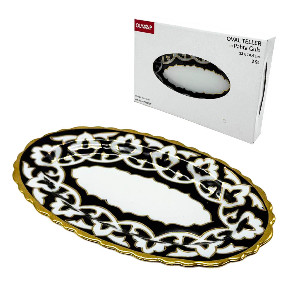 Ovale Teller Pahta Gul Blau-Gold, Usbekistan, 23 x 14,4 cm, 3 St