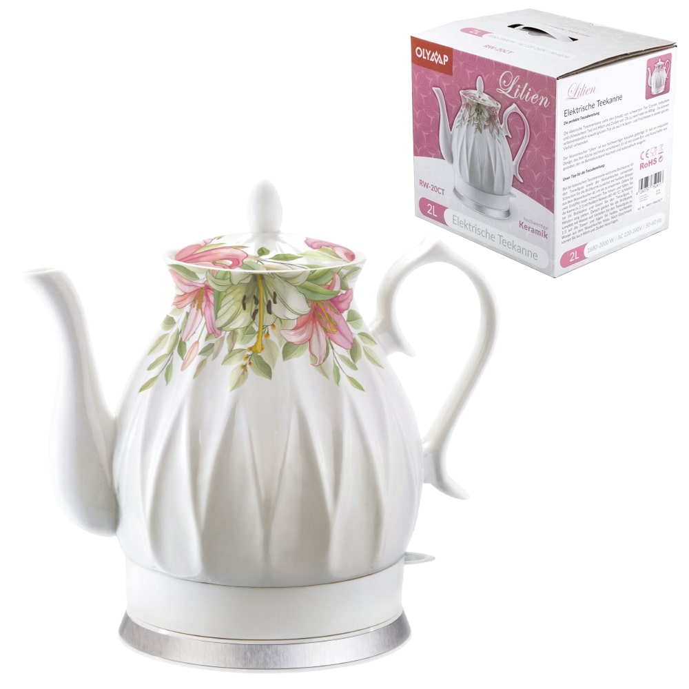 Olymp Elektrischer Wasserkocher aus Keramik „Lilien“, 2 L