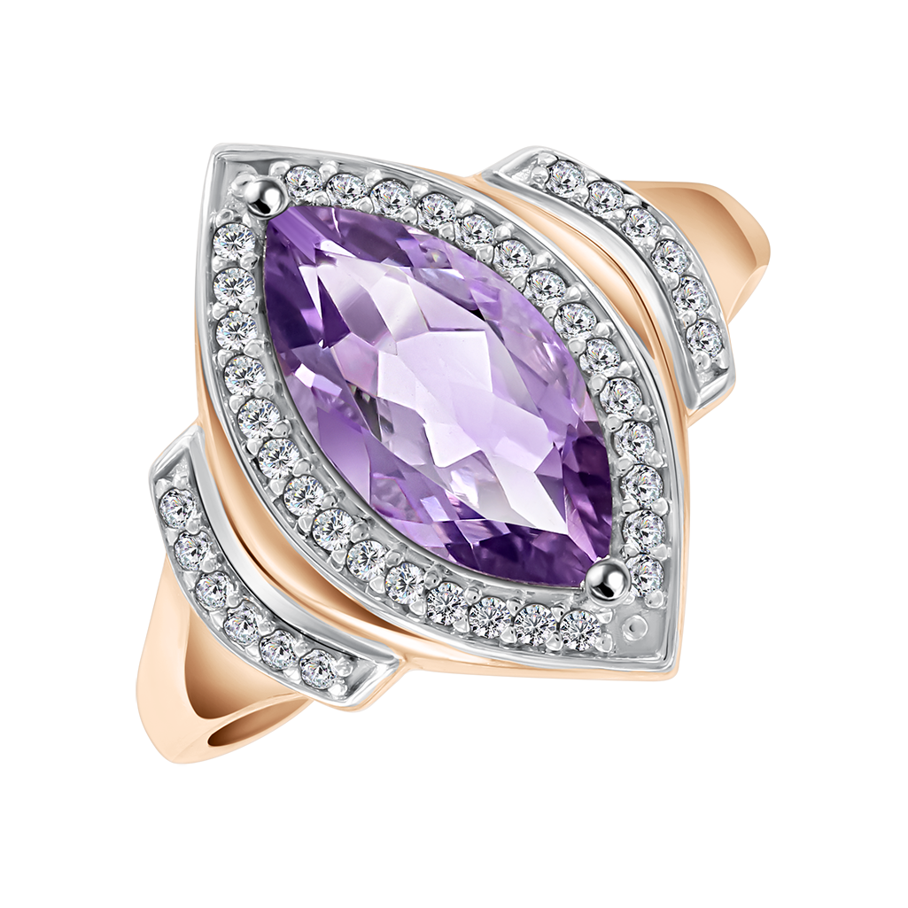 Damenring, Russisches Rotgold 585, mit Amethyst und Zirkonia, Größe des Mittelteils ca. 10x17 mm