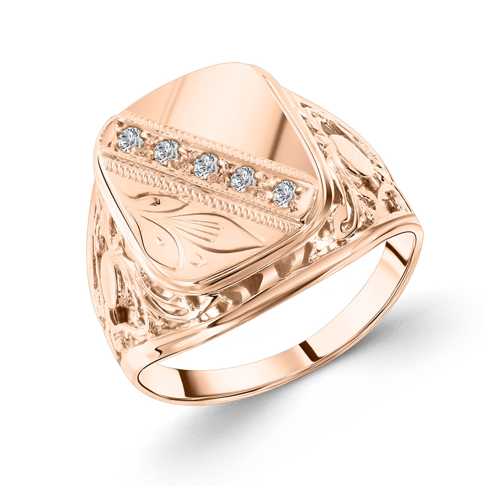 Ausgewählter Herrenring, Rotgold 585, Zirkonia, Gewicht ca. 6,1 g.