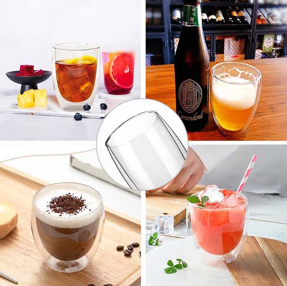 8-er Set: Vier Doppelwandige Cappuccino Gläser (je 330 ml) & vier Glasstrohhalme