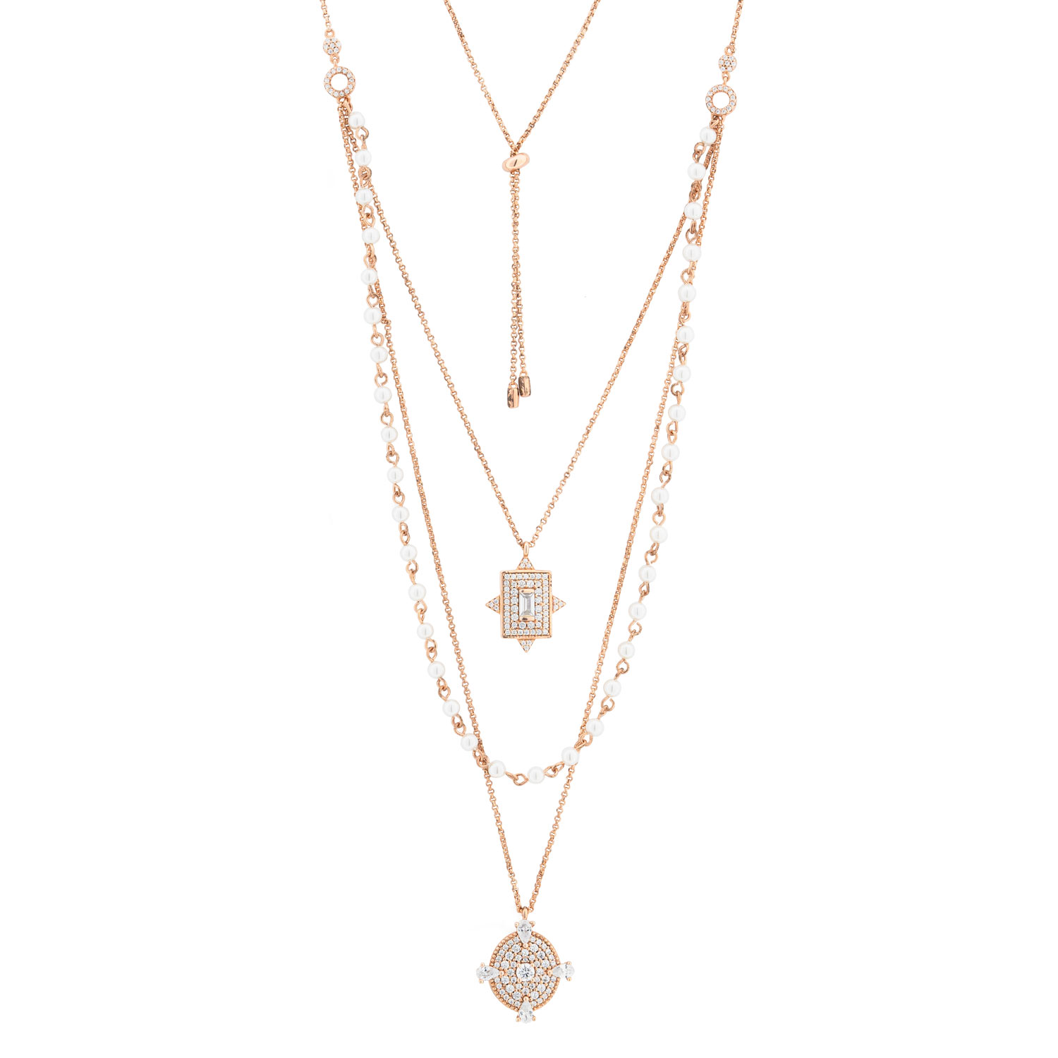 Collier 3-rhg aus vergoldetem 925 Silber mit 2 Anhängern, Perlen und Zirkonia