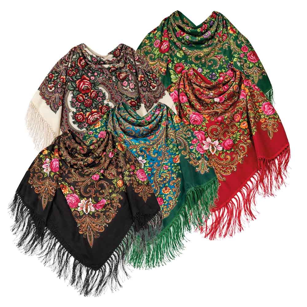 Fransentuch Blumen aus 80 % Wolle und 20 % Viskose, 110×110 cm