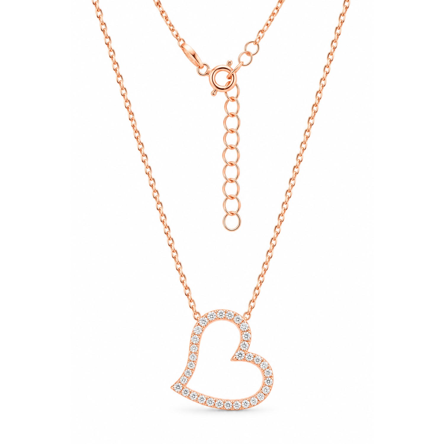 Damen-Halskette aus rotvergoldetem Silber 925 mit Zirkonia-Herzanhänger, 40+5 cm