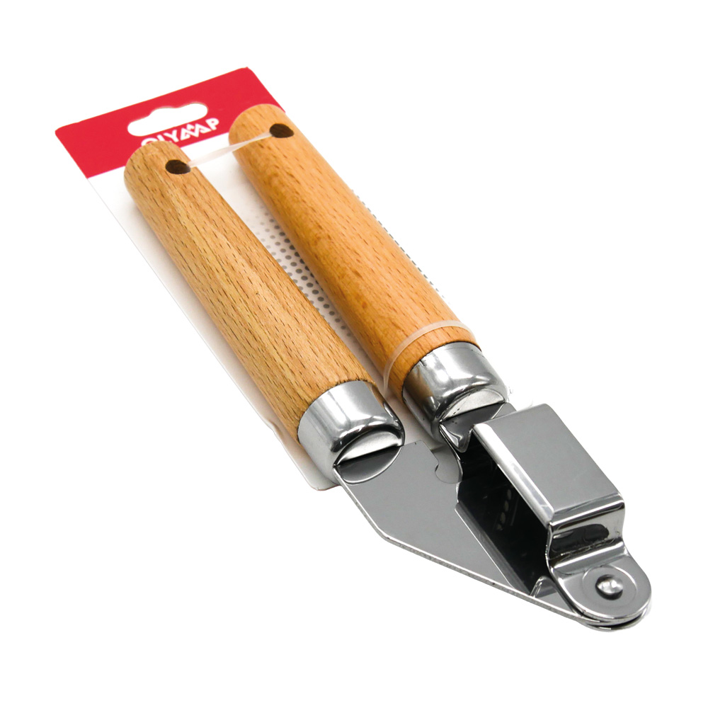 Knoblauchpresse aus Stahl mit Holzgriff, 19 cm