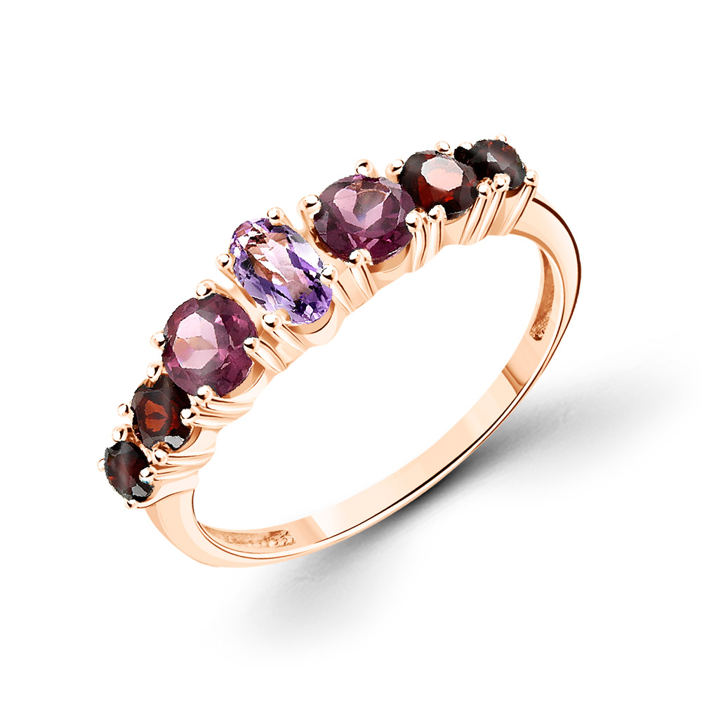 Bezaubernder Damenring, Russisches Rotgold 585, mit 4 Granaten, 2 Rhodoliten und 1 Amethyst - Größe ca. 5x3 mm