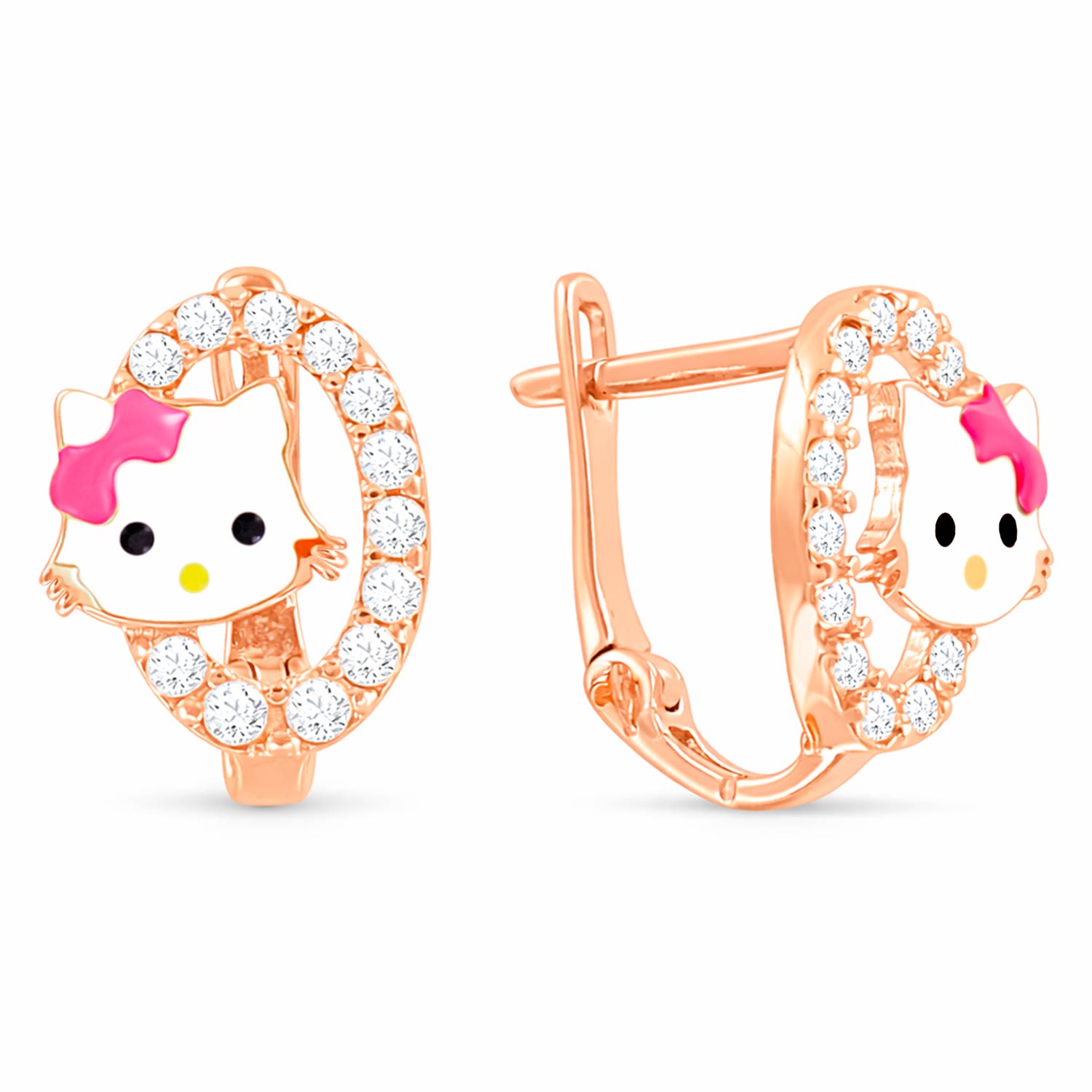 Kitty-Ohrringe für Kinder aus 585er Rotgold, mit Zirkonia und Emaille